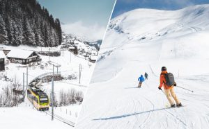 Train l'hiver et des skieurs sur une piste