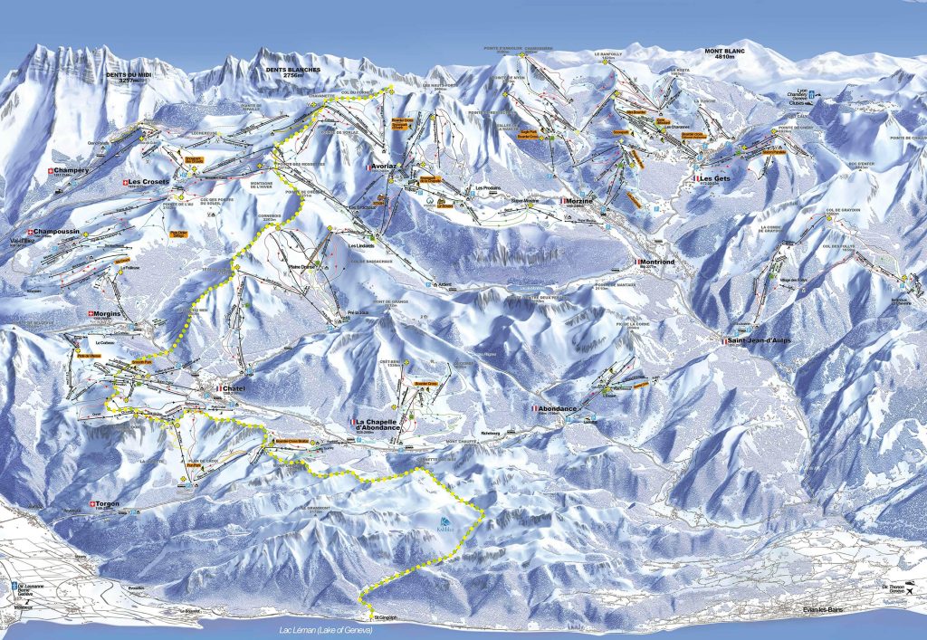 Dessin du plan des pistes Portes du Soleil hiver